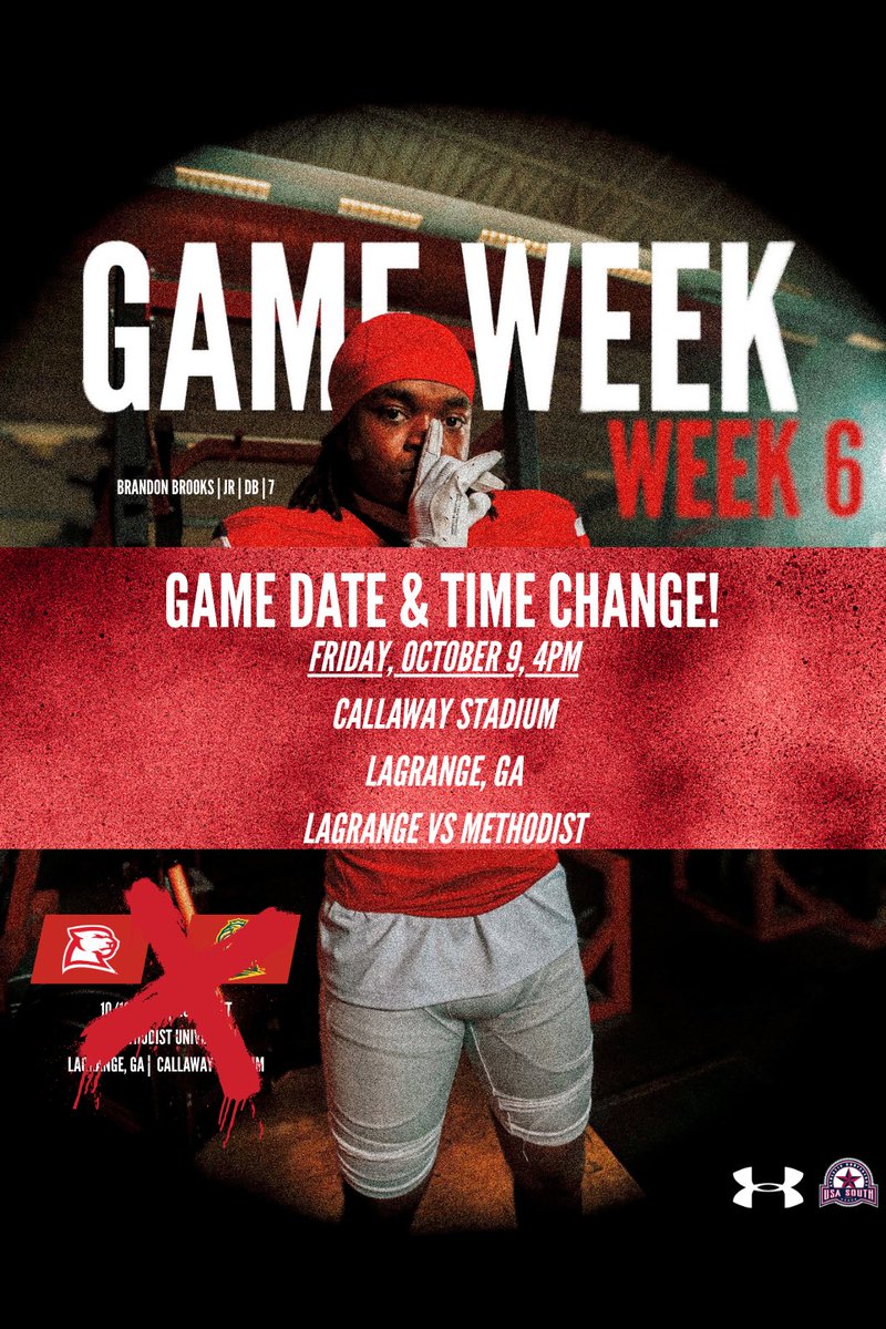 LaGrangeFTBL's tweet photo. Change of plans! With inclement weather approaching Saturday, we have moved our game vs Methodist to Friday afternoon at 4PM at Callaway still. We plan to see you all pack the stands still for our Breast Cancer Awareness “Pink Out!” #BlueCollarMentality https://t.co/MLGiW36xfo