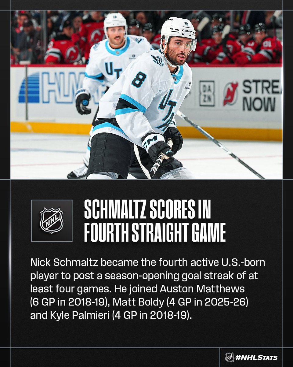 NHLPR's tweet photo. Nick Schmaltz stretched his season-opening goal streak to four games and established the longest run in @utahmammoth history.

#NHLStats: https://t.co/bL5gWKsVAW https://t.co/o2Z9Hnf4F9