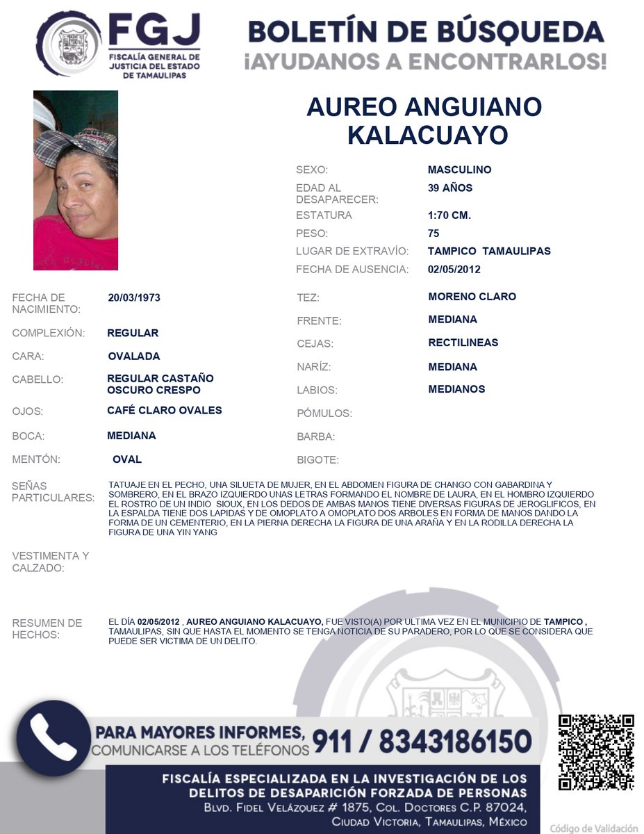 Busqueda_MX's tweet photo. ⚠️ #AlertaNacionalDeBúsqueda | #Nacional

Solicitamos el apoyo en la difusión para la localización de Aureo Anguiano Kalacuayo

Visto por última vez en el municipio de #Tampico, en el estado de #Tamaulipas, el 02 de mayo de 2012.
Si tienes información que ayude a reunirle con su familia comunícate al teléfono:

📞 83 43 18 61 50

#PersonasDesaparecidas
#AlertaNacional
#BúsquedaNacional
#HastaEncontrarles