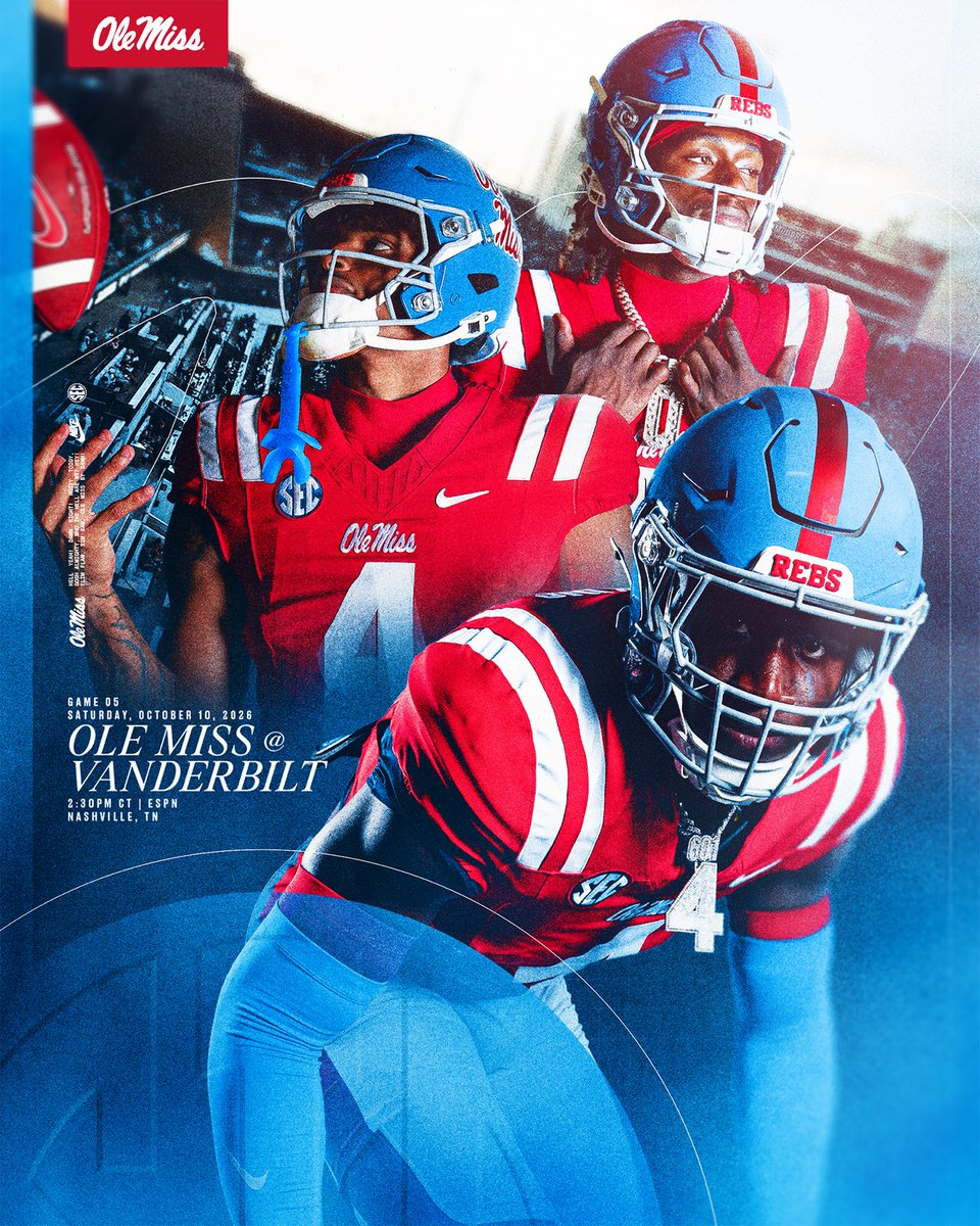 OleMissFB's tweet photo. Game 5️⃣

🆚 Vanderbilt 
📍 Nashville, TN
🕚 2:30 PM CT
📺 ESPN
 
#HottyToddy https://t.co/j4wRLuGQec