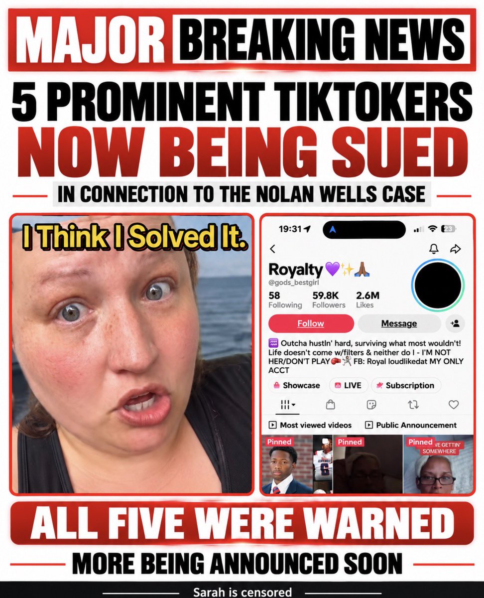 SarahisCensored's tweet photo. ❗️MAJOR BREAKING NEWS: FIVE PROMINENT TIKTOKERS ARE NOW BEING SUED IN CONNECTION WITH THE NOLAN WELLS CASE - AND MORE LAWSUITS ARE EXPECTED TO BE ANNOUNCED SOON!❗️

Five separate state-court civil lawsuits have now been filed in Jackson County, Mississippi against five social-media personalities who, according to the complaints, repeatedly used their platforms to accuse young men connected to the Nolan Wells case of murder and other serious crimes.

The defendants are - 

❗️Jennifer M. Sushka, known online as “Jay Megan” 

❗️Damarcus Hughes, known as “Boogie LowDown” 

❗️Isaiah Kelvin Harris

❗️Sandra L. Butler, known as “Royalty” 

❗️Tumika Lasha Birch, known online as “Tumika LaSha.”

Here are a few examples of allegations made. 

JENNIFER M. SUSHKA - “JAY MEGAN”

She repeatedly pushed the theory that the young men were responsible for Nolan Wells’ death, including accusations involving murder, hiding his body, tampering with his phone, deleting messages and creating a false alibi. She publicly said she was “leaning more towards the side of murder” and suggested they had “intentionally tried to speed up the decomposition.” The lawsuit also alleges she monetized the accusations, stating that “Every accusation came with a donation link.” Perhaps one of the most remarkable allegations in the filing is what happened after she received written notice. The complaint quotes her as saying: “Oh, and don’t worry, I never responded to this email.”

DAMARCUS HUGHES - “BOOGIE LOWDOWN”

Hughes is accused in his complaint of repeatedly portraying the young men as killers, referring to them as “those white murderers” and describing Nolan’s friends as people who “may be his murderers.” The complaint further alleges that he accused or implied that they were responsible not only for Nolan’s death, but for tampering with evidence and hindering prosecution. After the Grand Jury proceedings, Hughes allegedly posted: “if YOU THOUGHT, that this Grand Jury report about # NolanWells was going to make me SHUT TF UP or MOVE ON, then you have LOST YOUR DAMN MIND!” When someone reportedly warned him that “they watching your page,” Hughes allegedly responded, “And you KNOW, that I DON’T GIVE A DAMN!”

ISAIAH KELVIN HARRIS -

His complaint quotes him telling his audience, “Them boys guilty as f*ck.” He called the young men “murderers” and stated: “And Nolan died. On the boat. . . . [B]efore they left, yes they murdered him.” Harris displayed a photograph of a residence along with a route map, conduct the plaintiffs included among their allegations concerning online targeting and safety.

SANDRA L. BUTLER - “ROYALTY” -

“Royalty” repeatedly branded the young men as responsible for Nolan’s death. Statements attributed to her include “They are guilty. They did something,” along with claims involving what supposedly happened to Nolan on the boat and theories about concealing his body.  She specifically said  “That crap don’t scare me and I’m gonna keep talking about them thugs. Period.”

TUMIKA LASHA BIRCH — “TUMIKA LASHA”

The Birch lawsuit likewise alleges that she used social media to repeatedly “brand them as killers” and accuse or insinuate that the young men bore criminal responsibility for Nolan Wells’ death. According to the complaint, her allegations went beyond Nolan’s death itself and included accusations involving tampering with physical evidence and hindering prosecution. The filing alleges a sustained campaign of false and defamatory statements and insinuations concerning these young men.

THERE WILL BE MORE. 

I already know who is up next on the chopping block, and I am VERY excited to share as soon as I am given the green light.

This gets expensive, everyone! The boys need your help. If you have been around since day one, you know just how bad this got. You know what they did to these boys. So now that lawsuits are flying, we ask that you give whatever you can to their fundraiser to help hold these people accountable!