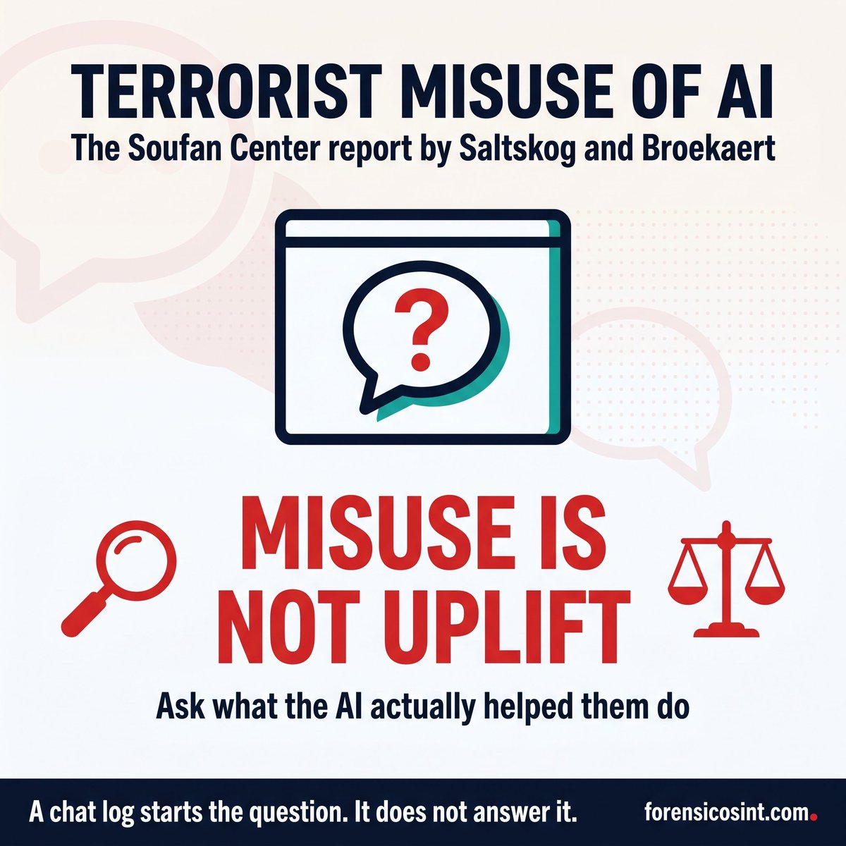 ForensicOsint's tweet photo. Misuse is not uplift.

The Soufan Center's new report documents how Islamic State and al-Qaeda supporters already use AI, from AI "news" dispatches to chatbot logs in a Vienna plot, and keeps that line clear.

🔗 https://t.co/vNVp0eUarK https://t.co/cpyqRQuWOW