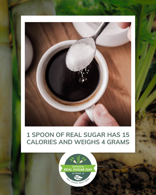 A hand is pouring a spoonful of sugar into a cup of coffee. Text on the image reads, "1 spoon of real sugar has 15 calories and weighs 4 grams." The bottom features a logo for "National Real Sugar Day, October 15."