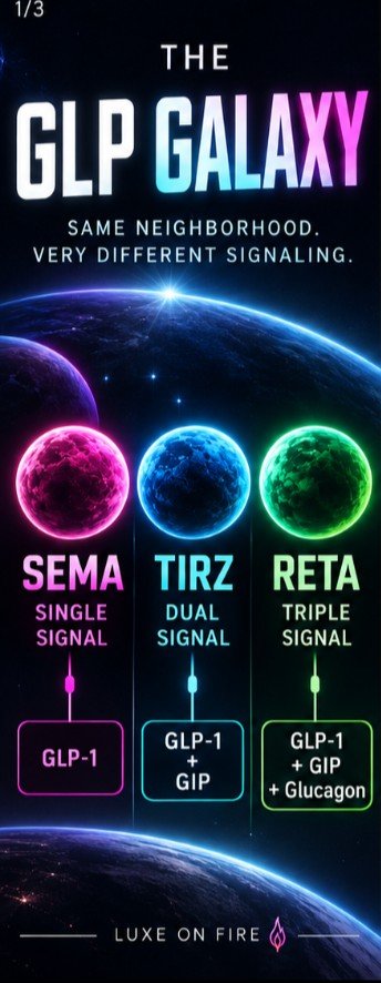 LuxeOnFire's tweet photo. 👽 Welcome to the GLP Galaxy.
Sema → Tirz → Reta
Single. Dual. Triple receptor signaling. 🛸
Same neighborhood. Very different signals. Here’s the simplified breakdown. 🔬
Educational only. Reta remains investigational and is not FDA approved. https://t.co/z7ld4tUHxf