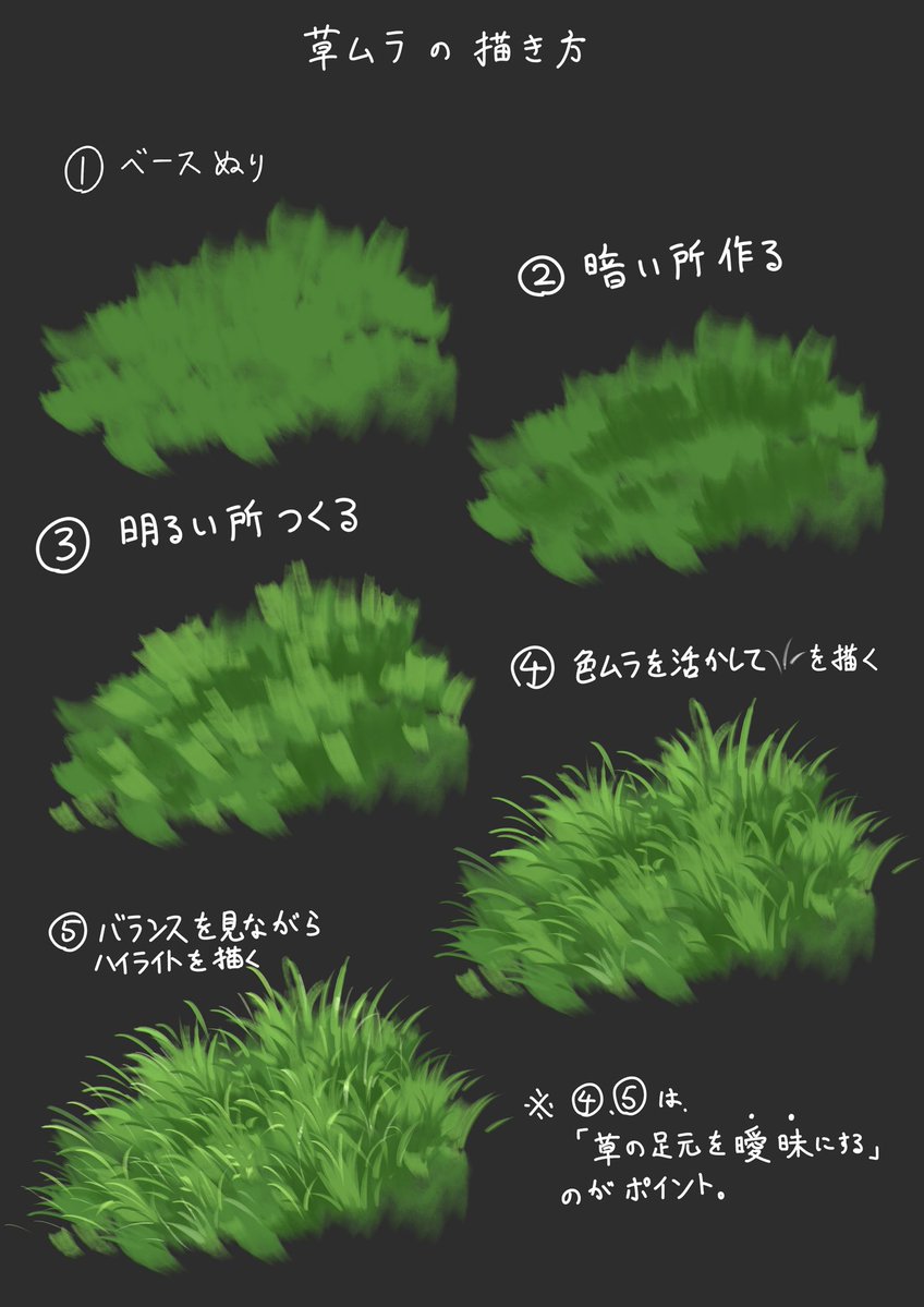 kuroneko_no_pei's tweet photo. 草むらみたいな形がよく分からん自然物とかはいかにいい段階をたどることが出来るかが重要な気がします。

最終的にいかに描き込みやすい状況をお膳立て出来るかが重要。
上手くいかなった地塗りの後はめちゃ苦労するけど、いい感じに描けたらあとは勝手に筆が進む。

自分の場合地塗りしてる時は目をめっちゃ細めながら描いて、
なんかいい感じのぼやけた草むらに見えるぞ
っていう状態を模索しながら描きます。