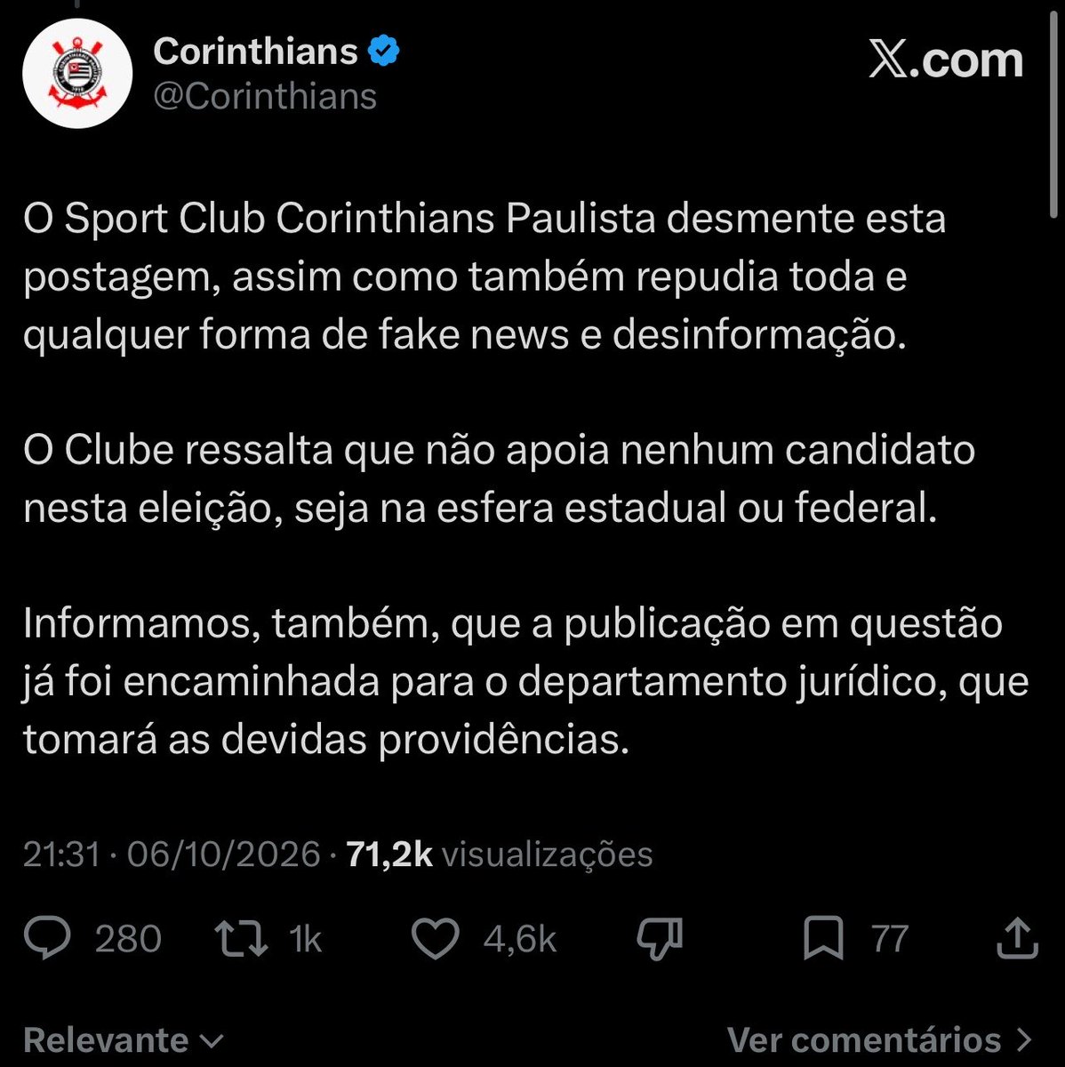 cacanabisdafiel's tweet photo. O maluco com um monte de seguidores, solta uma nota falsa dizendo que o Corinthians apoiaria Flávio Bolsonaro. O post engaja absurdamente e só depois de o Corinthians acionar o jurídico, o cidadão de bem, Deus pátria e família, apaga a publicação. https://t.co/KIMUrFyn6g