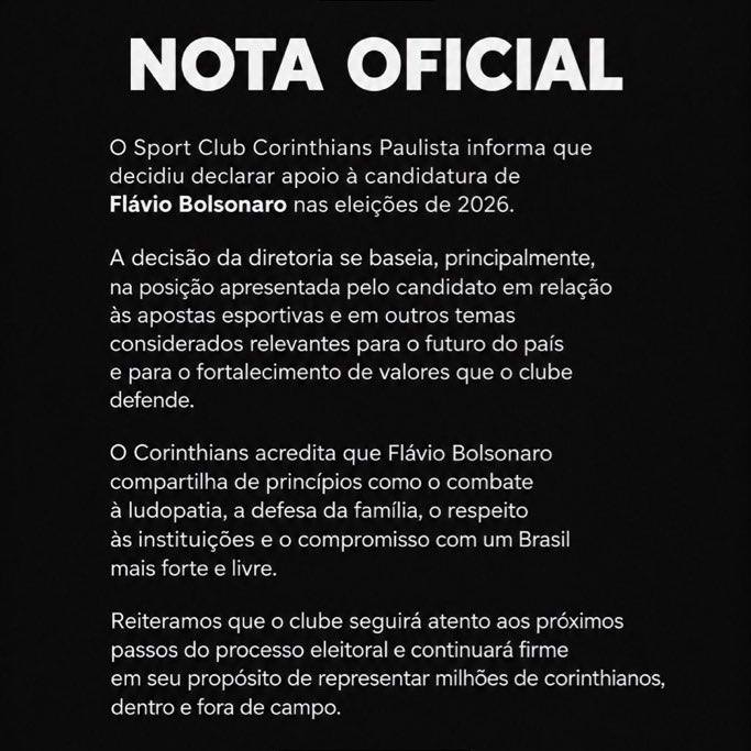 cacanabisdafiel's tweet photo. O maluco com um monte de seguidores, solta uma nota falsa dizendo que o Corinthians apoiaria Flávio Bolsonaro. O post engaja absurdamente e só depois de o Corinthians acionar o jurídico, o cidadão de bem, Deus pátria e família, apaga a publicação. https://t.co/KIMUrFyn6g