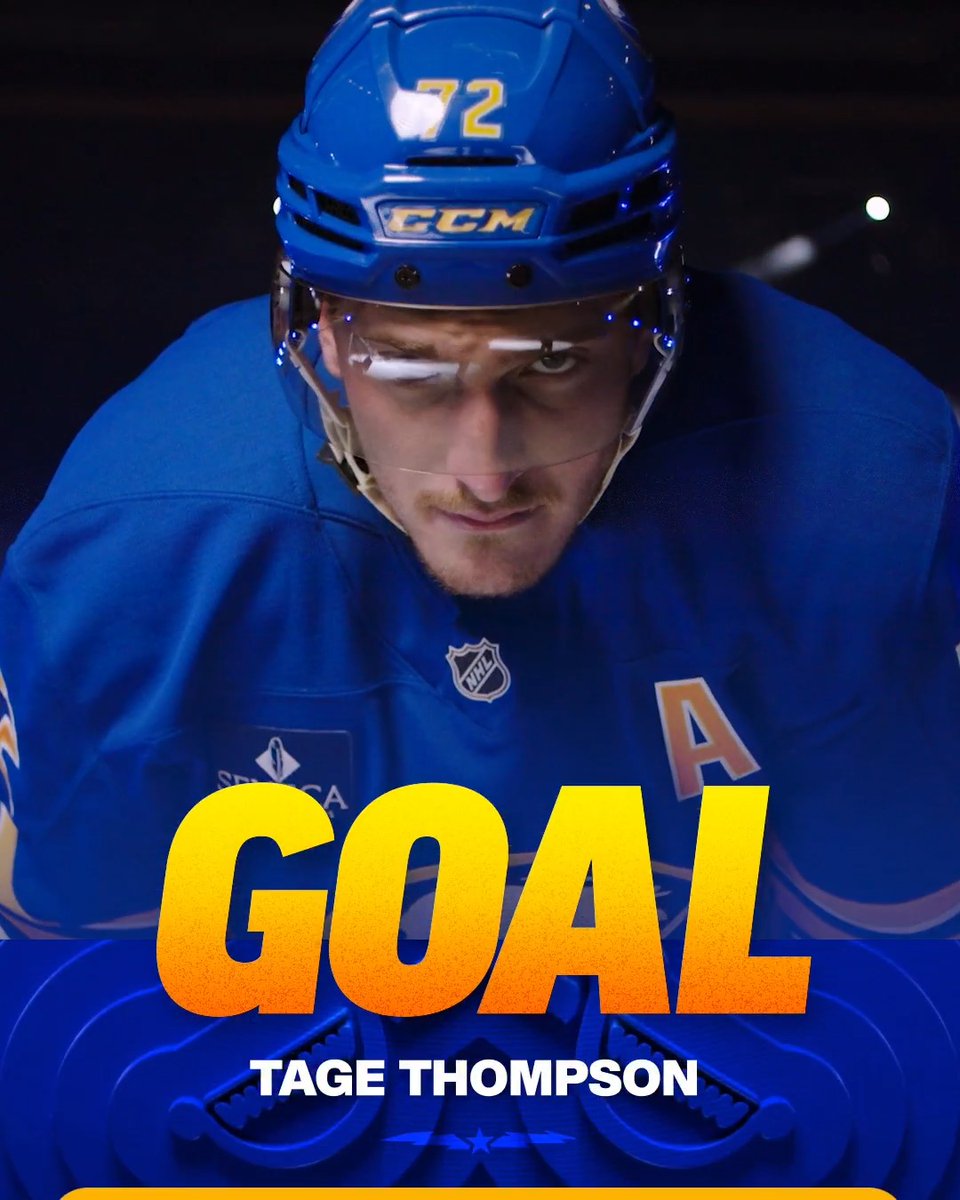 A hockey player wearing a blue CCM helmet with the number 72 and a blue Sabres jersey looks intensely forward as bold yellow "GOAL" text is overlaid on the image, with "TAGE THOMPSON" displayed below. The graphic celebrates Thompson's game-tying goal that evened the score at 2-2 with 10:22 remaining in the third period.