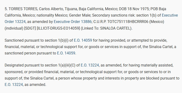 MLopezSanMartin's tweet photo. EU formalizó sanciones contra Carlos Torres, exesposo de la gobernadora morenista Marina del Pilar

El Federal Register lo señala por proporcionar o intentar proporcionar apoyo al Cártel de Sinaloa

La medida ratifica las sanciones del Tesoro estadounidense https://t.co/yMC6AX5hBx