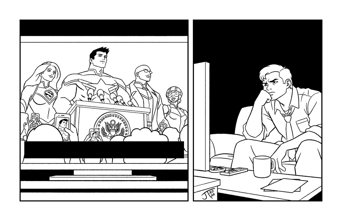 JamesTennantJr's tweet photo. JTjr's Inktober 2026, Day 9 - #Powerless

Superheroes have become a public reality.

Some welcomed them with fascination. Others responded with resentment, jealousy, fear... or simply distrust.

#JTjrInktober #OriginalArt #ComicArt https://t.co/2k0obniNp0