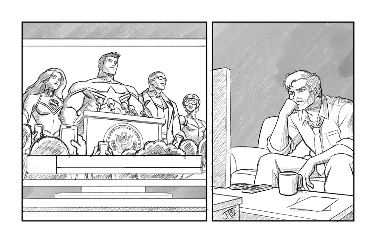 JamesTennantJr's tweet photo. JTjr's Inktober 2026, Day 9 - #Powerless

Superheroes have become a public reality.

Some welcomed them with fascination. Others responded with resentment, jealousy, fear... or simply distrust.

#JTjrInktober #OriginalArt #ComicArt https://t.co/2k0obniNp0