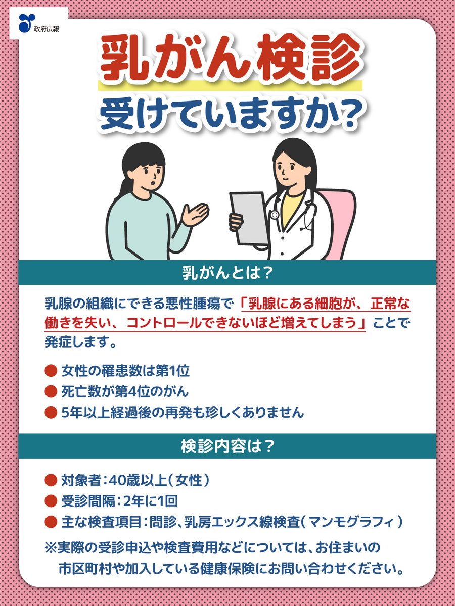 gov_online's tweet photo. 乳がんは、早期発見・早期治療することで治る可能性の高いがんです。
そのためにも、定期的にがん検診を受けることが大切です。

10月は「ピンクリボン月間」です🎀
@MHLWitter https://t.co/bAim3h211S