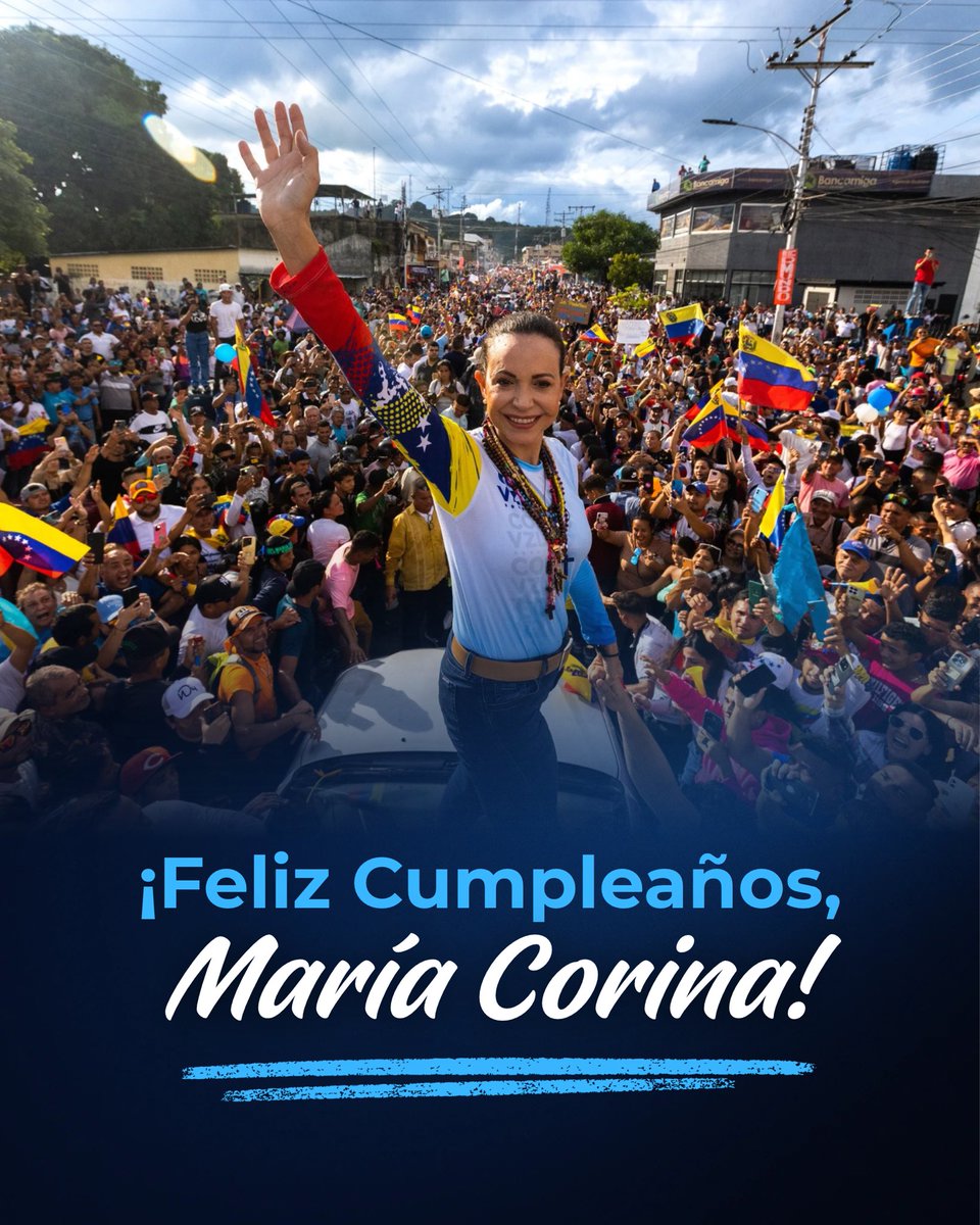 VenteVenezuela's tweet photo. ¡Feliz cumpleaños, María Corina!

Gracias por demostrarnos que cuando un país se une con convicción y anhelo de la libertad, no hay obstáculo que lo detenga. 

Tu compromiso, tu fe y tu entrega por Venezuela nos dan la certeza de seremos libres y que pronto nos abrazaremos todos en casa.

#FelizCumpleMariaCorina | @MariaCorinaYA 🇻🇪