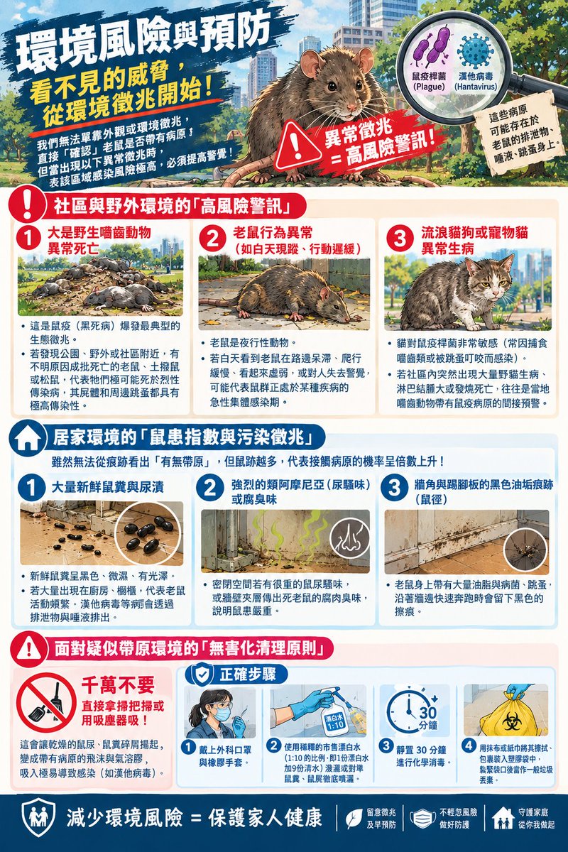 AnnaC1597's tweet photo. 雖然目前肺鼠疫傳染現狀不明，但為了避免又有人/國家蓋牌不通報全世界，大家還是先把應對措施學起來喔。
先從居家環境開始!!
我非常建議台灣各大城市也開始建置環境監測規則方法與數據蒐集。 https://t.co/JoyGgBorV9