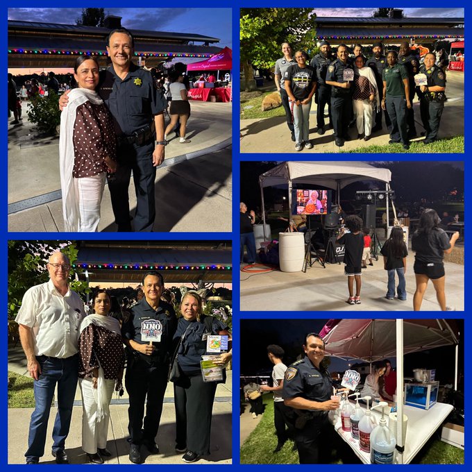 A four-image collage from what looks like a community outreach event, featuring police officers and civilians posing for photos, a karaoke setup, and a booth displaying a sign that reads 'NYNO'.