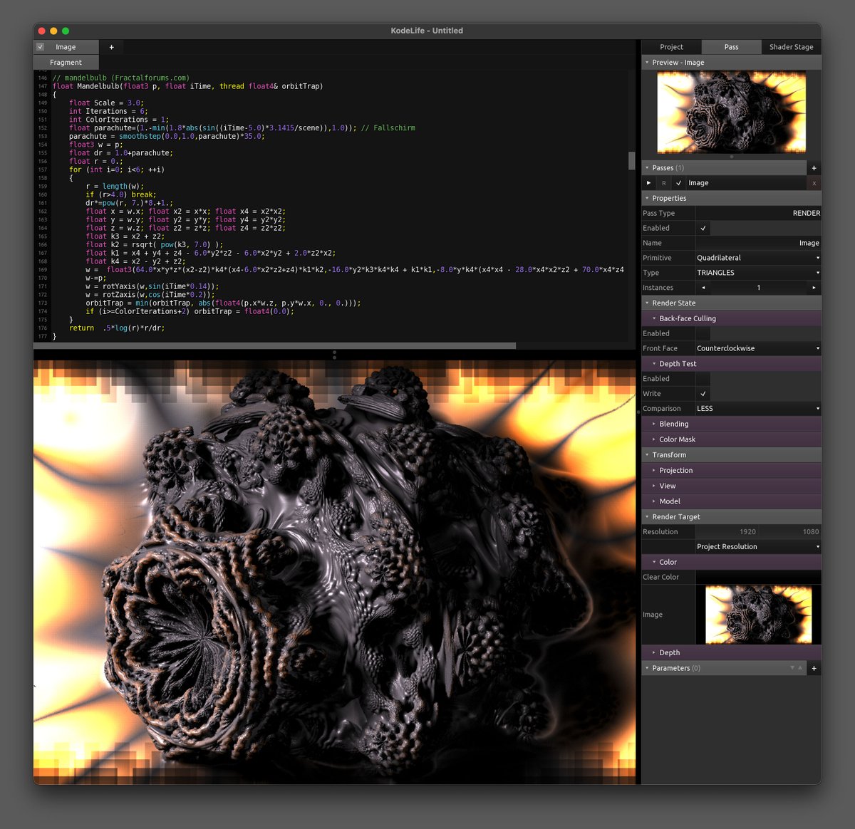 kodelife's tweet photo. KodeLife real-time GPU shader editor update!

We've got a brand new video playback engine for all platforms (now also including Android!) and a ton of smaller fixes and improvements!

Mandelbulb from 'Galvanize' by Jochen 'Virgill' Feldkoetter, one of the included demo projects. https://t.co/5wRnKf71zR