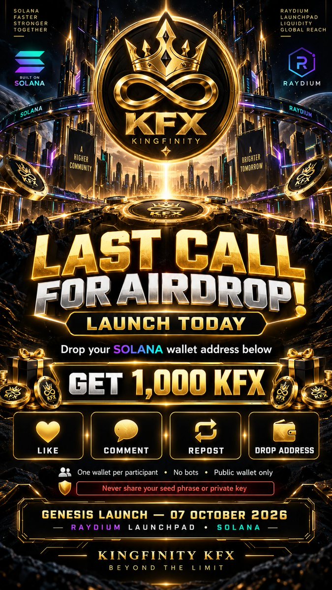 Kingfinity's tweet photo. 🚨👑 LAST CALL — KINGFINITY AIRDROP 👑🚨

$KFX GENESIS LAUNCH IS TODAY. ⚡🔥

Before the gates open, we’re giving the community one final chance to claim 1,000 KFX.

To qualify:

❤️ LIKE this post
💬 COMMENT
🔁 REPOST
👛 DROP YOUR SOLANA WALLET ADDRESS BELOW
🎁 Reward: 1,000 KFX for eligible, verified participants.
⏳ FINAL CALL. LAUNCH DAY IS HERE.
No bots. No fake accounts. One wallet per participant.
⚠️ Post only your public wallet address — NEVER share your seed phrase or private key.

👑 KINGFINITY KFX
GENESIS — 07 OCTOBER 2026
RAYDIUM LAUNCHPAD • SOLANA

The kingdom was built.
Today, Genesis begins. ⚡

#KINGFINITY #KFX #KFXGenesis #Solana #SolanaCommunity #Airdrop #CryptoAirdrop #Web3 #CryptoCommunity #Raydium #RaydiumLaunchpad #CryptoLaunch #TokenLaunch #Altcoins #CryptoTwitter #BeyondTheLimit #pumpfun