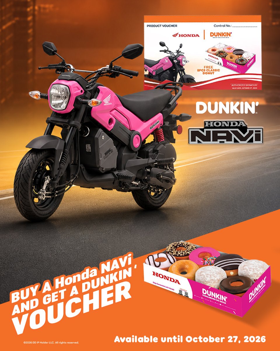 dunkinph's tweet photo. This is your sign to bring home a brand-new Honda Navi and a box of Dunkin’ bundle! 🧡 #DunkinPHxHonda https://t.co/P2W70HeZ6G