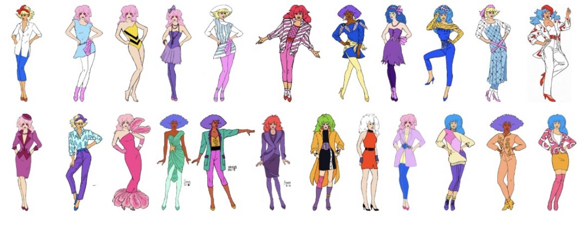 CoraCHarrington's tweet photo. One of the amazing things about Jem - apart from it being a science fiction magical girl romance - was the series’ emphasis on fashion. There were 443 unique costumes for the 7 main characters in Season 1 alone, not including any supporting characters. https://t.co/vGjsC15L3a
