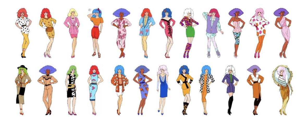 CoraCHarrington's tweet photo. One of the amazing things about Jem - apart from it being a science fiction magical girl romance - was the series’ emphasis on fashion. There were 443 unique costumes for the 7 main characters in Season 1 alone, not including any supporting characters. https://t.co/vGjsC15L3a