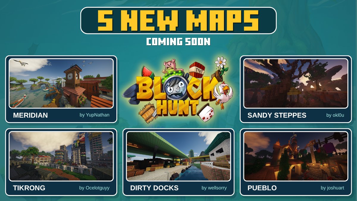 Mineplex's tweet photo. 5 NEW maps are coming soon to Block Hunt.
Which one are you hiding in first? 👀 https://t.co/GIZDZ1M9Gy
