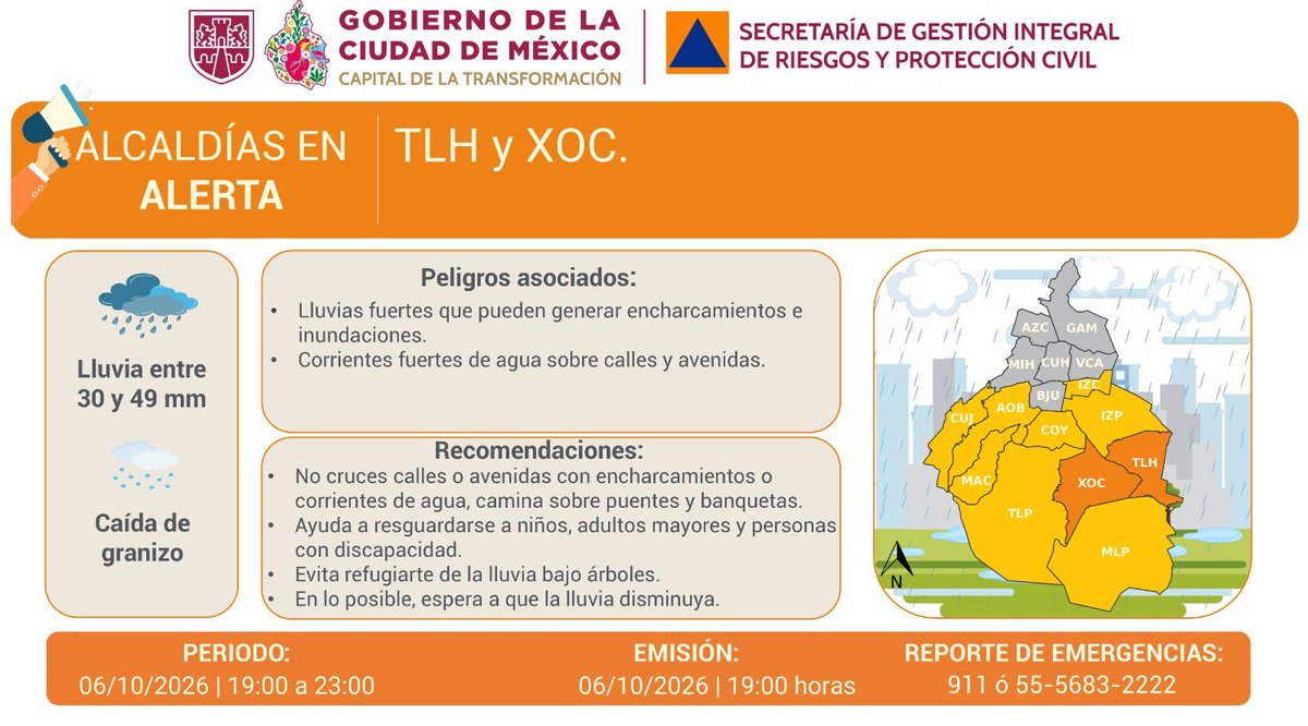 GobCDMX's tweet photo. 🟠 | Se activa #AlertaNaranja en @XochimilcoAl y @TlahuacRenace por pronóstico de lluvias fuertes.

🟡 | Se actualiza #AlertaAmarilla en la Ciudad de México por pronóstico de lluvias fuertes.

Para más información consulta las redes de @SGIRPC_CDMX. Mantente al tanto de las últimas actualizaciones, ante una emergencia recuerda que puedes llamar al #911. ☎️