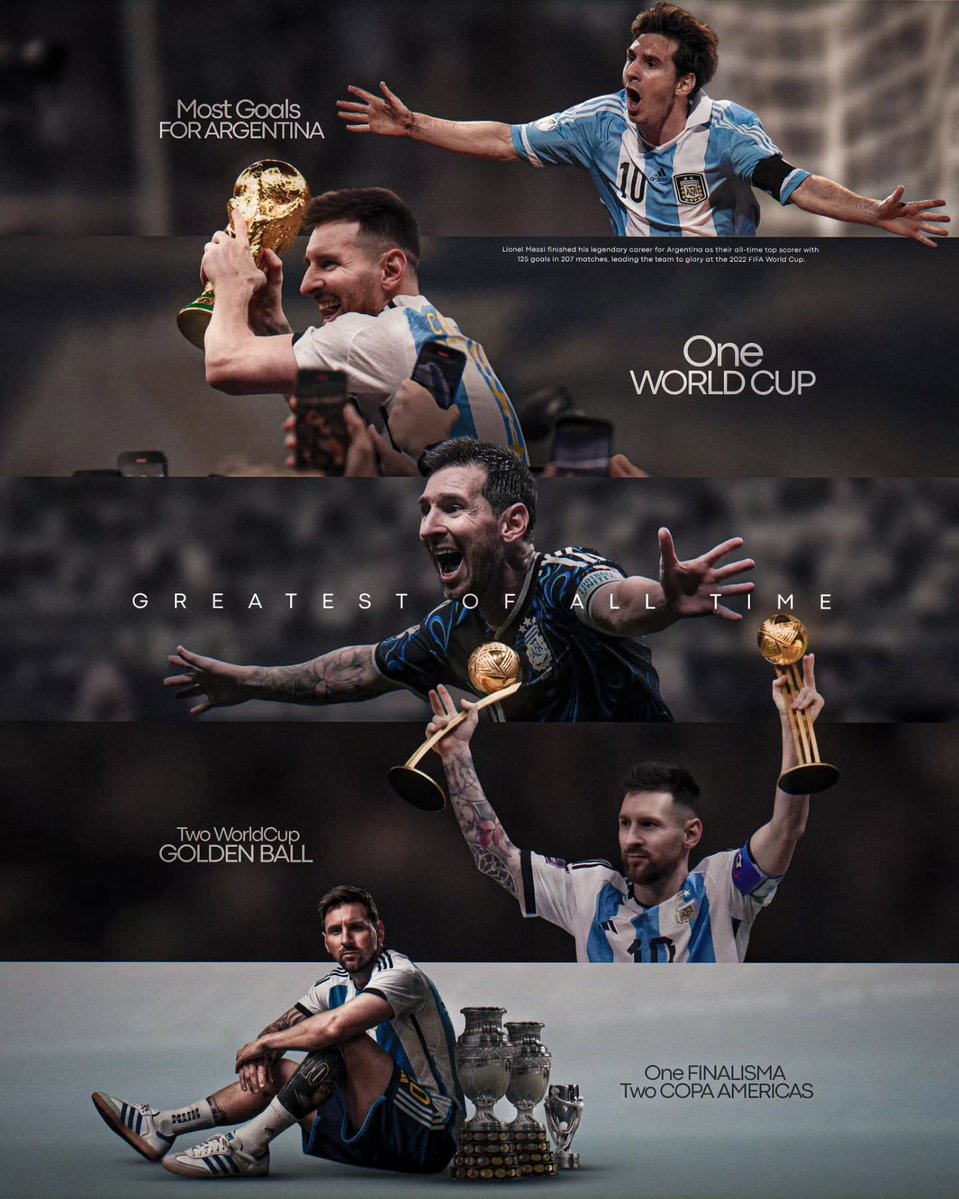 ofootball__'s tweet photo. Thank You Leo 🐐🇦🇷
.
.
207 appearances for Argentina.
125 goals, more than anyone before him.
Six World Cups, one unforgettable triumph.
Two Copa América titles to his name.
A Golden Ball won twice at the World Cup.
A legacy that will live forever. https://t.co/Chhl3Y4pXw