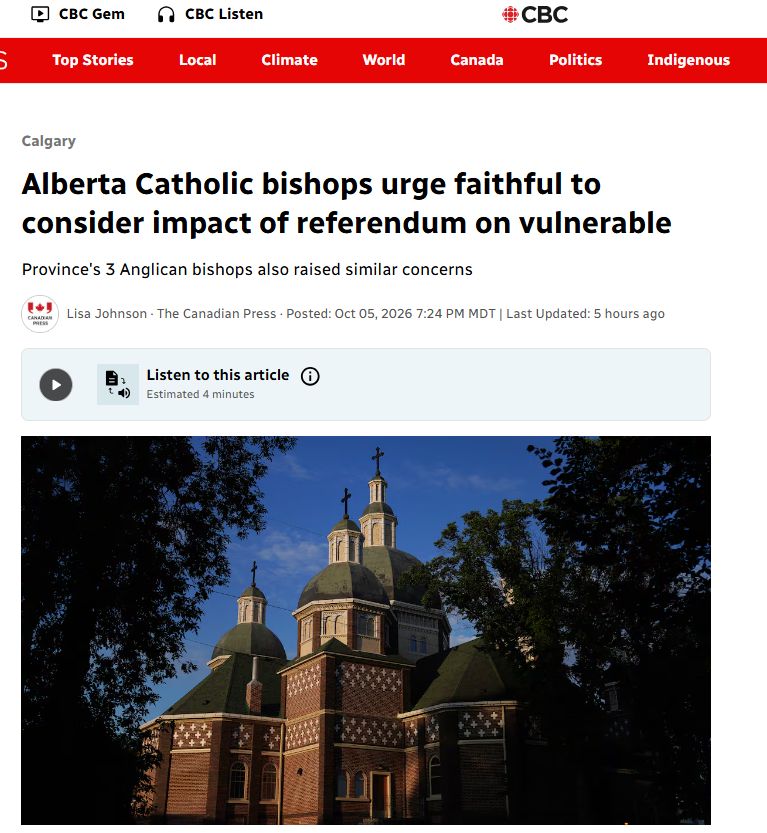 CommonGoodYYC's tweet photo. Letters from Alberta faith leaders are urging Albertans to consider human dignity, vulnerable people and the common good ahead of the Oct. 19 referendum.

Rev. Ryan Andersen spoke with CityNews about why these voices matter now: https://t.co/qUHuRibPct https://t.co/wB33FrMicx