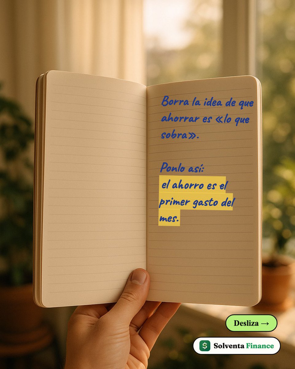 solventafinance's tweet photo. ✍️ Borra la idea de que ahorrar es «lo que sobra».

Ponlo así: el ahorro es el primer gasto del mes. Lo apartas el día 1, como la renta, y lo demás se acomoda alrededor.

App Store · Google Play · https://t.co/Cah8mYJVed

#solventafinance #ahorro https://t.co/ilft32ZFvk