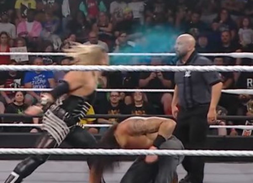WSBFun's tweet photo. Wrestling lore says that blue mist should send you to sleep.

The ref calling for the DQ after being hit with it hurts our stupid romantic souls.

#WWENXT https://t.co/c0SA9vXJoU