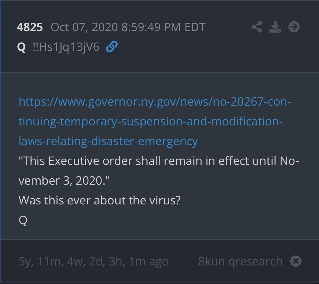 HKracken's tweet photo. "This Executive order shall remain in effect until November 3, 2020."
Was this ever about the virus?
Q

Today’s Q Delta https://t.co/3YsymBnDe8