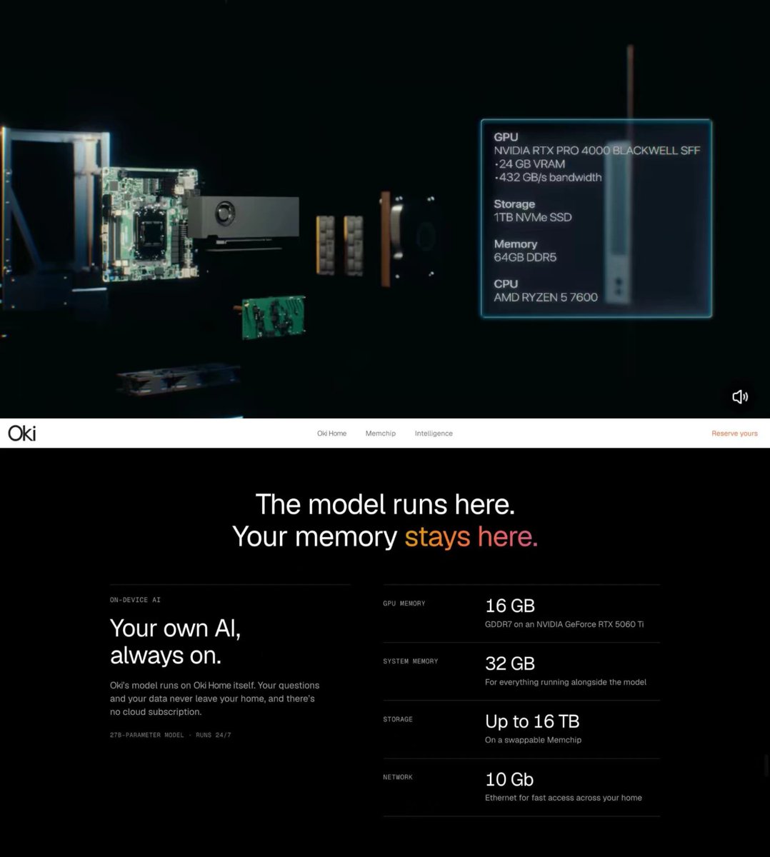 tikka971's tweet photo. Ghost Core wins on raw compute with 24 GB VRAM and 64 GB RAM for $3,499. But Oki Home by @okihomeai offers 2 TB base storage up to 16 TB on a swappable Memchip, plus 10 Gb Ethernet, for $1,799. Two very different takes on personal AI hardware. https://t.co/BruQmEwvmf