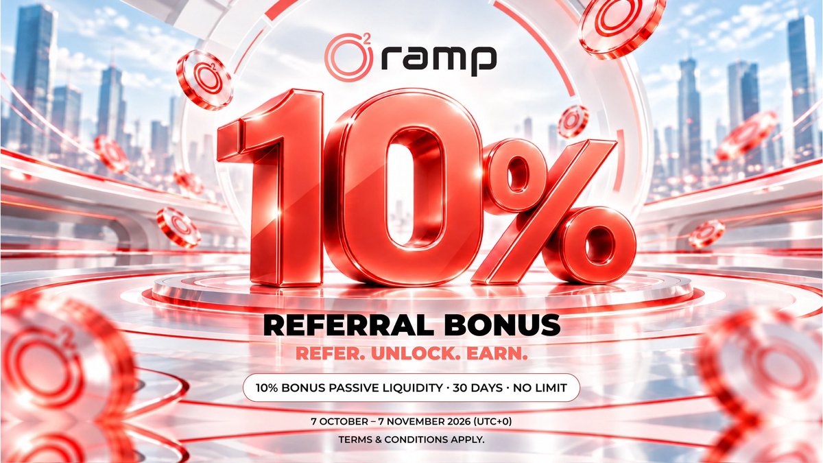 O2Ramp's tweet photo. The 10% Referral Bonus Campaign is now live. 🔴

From now until 7 November, once a user you refer directly completes a Passive Liquidity allocation, you can receive the allocation returns on 10% of their allocation amount for 30 consecutive days.

→ 10% Bonus Passive Liquidity
→ 30 days
→ No limit

The 10% is provided as a Bonus Passive Liquidity Package, not a cash reward. Actual returns depend on how Passive Liquidity performs.

Campaign period: 7 October – 7 November 2026 (UTC+0). Terms & Conditions apply.

The rails are open. 🔴
