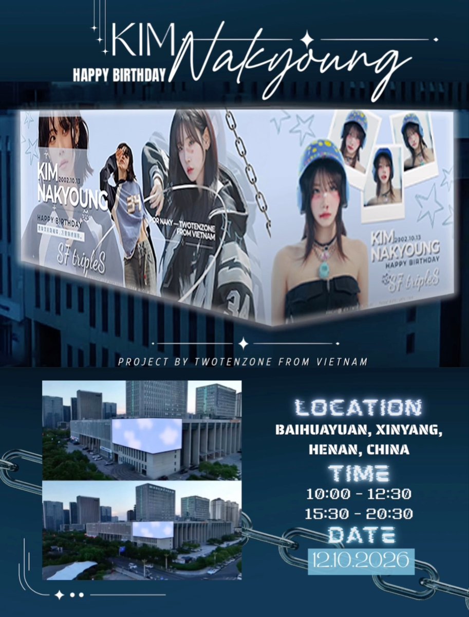 A birthday celebration announcement for 'KIM NAKYOUNG' from SF triples, featuring fan-made artwork and a location at Baihuayuan, Xinyang, Henan, China on 12.10.2026.
