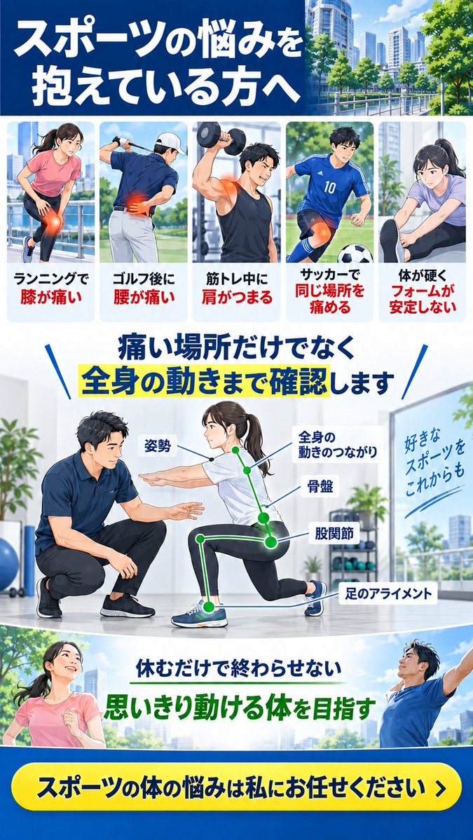 A1__massage's tweet photo. 休むと楽。でも再開するとまた痛い。

ランニングの膝痛、ゴルフの腰痛。

痛い場所だけでなく「どんな動きで負担がかかるか」まで確認しています。

恵比寿で、施術・運動指導・セルフケアを通じて、復帰から再発予防までサポート。

好きなスポーツを、これからも！ https://t.co/pBycKTekw8