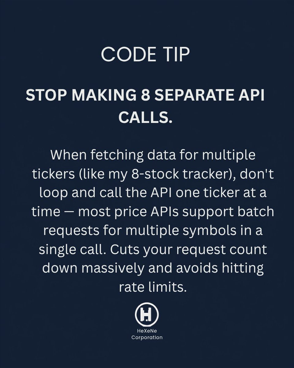 hexenecorporate's tweet photo. Fixed a rookie mistake building the stock tracker. Don't call an API once per ticker — batch your requests into one call when the API supports it. Saved me from rate-limit headaches fast. What's your go-to for avoiding API rate limits? #codetip #python #buildinpublic #automation https://t.co/eyK8arVGhZ