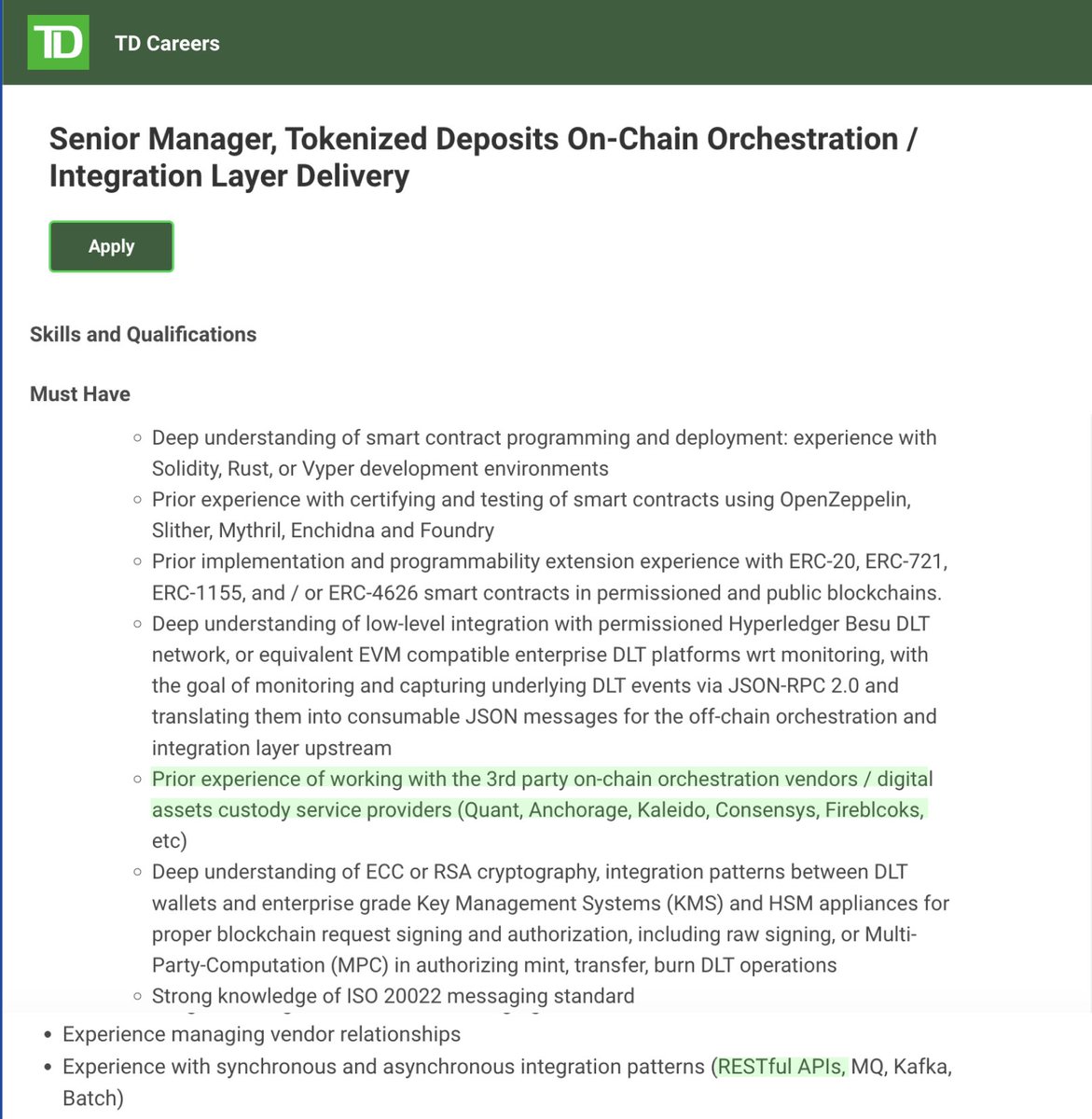 Tokenicer's tweet photo. 🏦TD recently opened up a new Sr Manager for Tokenized Deposits role

$QNT experience listed as a MUST HAVE requirement🤯

Here's what we already know:

✅TD Head of Digital Assets spoke w Gilbert at SIBOS

✅TD in TCH's OCMI & Canada's Tokenized Deposits

It makes sense they're looking to bring on more management and heads around this initiative.

Now that they're stepping into tokenized deposits...

One of the BIGGEST enablers will be the orchestration of legacy to DLT interoperability. 

And who better than Quant?

They've proven to be a pioneer in this with UK GBTD

And they were just selected by arguably the largest private sector USD clearing & settling network.