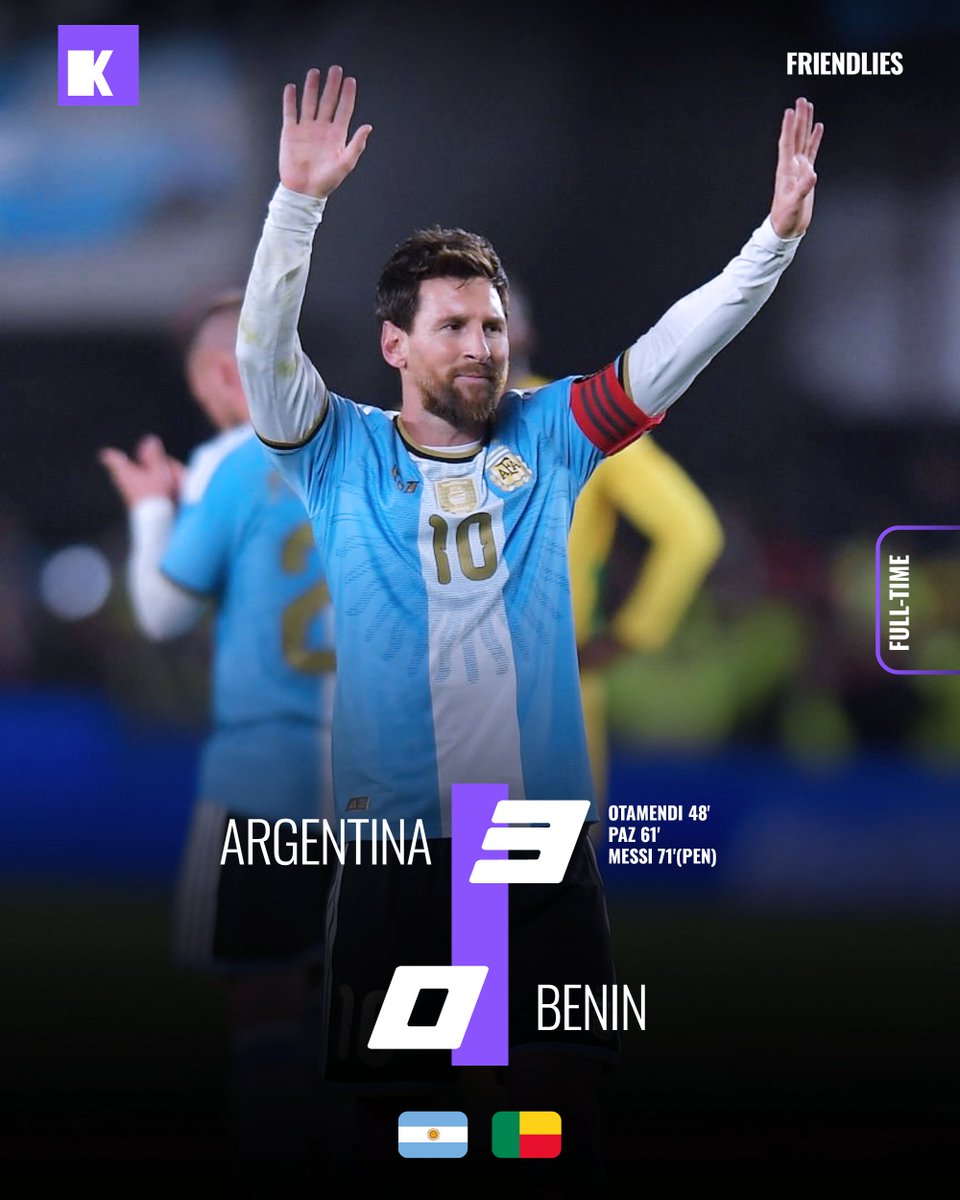 the_kitbug's tweet photo. The perfect send-off. 🇦🇷✨

Lionel Messi's final international performance: two assists, for Nicolás Otamendi (48') and Nico Paz (61'), then a goal of his own, a 71st-minute penalty.
.
.
.
#ArgentinaVsBenin #LionelMessi #ThankYouLeo https://t.co/cdInd1ro3p