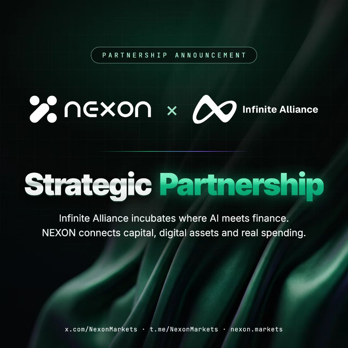 nexonmarkets's tweet photo. 🤝 NEXON × @Infiniteall_ai 

Infinite Alliance is an AI and finance incubator, backing the teams that connect Web3 infrastructure to global blockchain ecosystems.

NEXON is the first flagship project on the NEX exchange, building an AI-native super financial-social ecosystem. Its AI-native PayFi is live: you state an intent, the route comes back with the assets, the legs, the fees and the settlement time laid out, you authorize once, and every step leaves a receipt. Capital, digital assets and real-world consumption meet on one account.

AI and finance keep converging. The value still has to land somewhere — NEXON gives it an account.