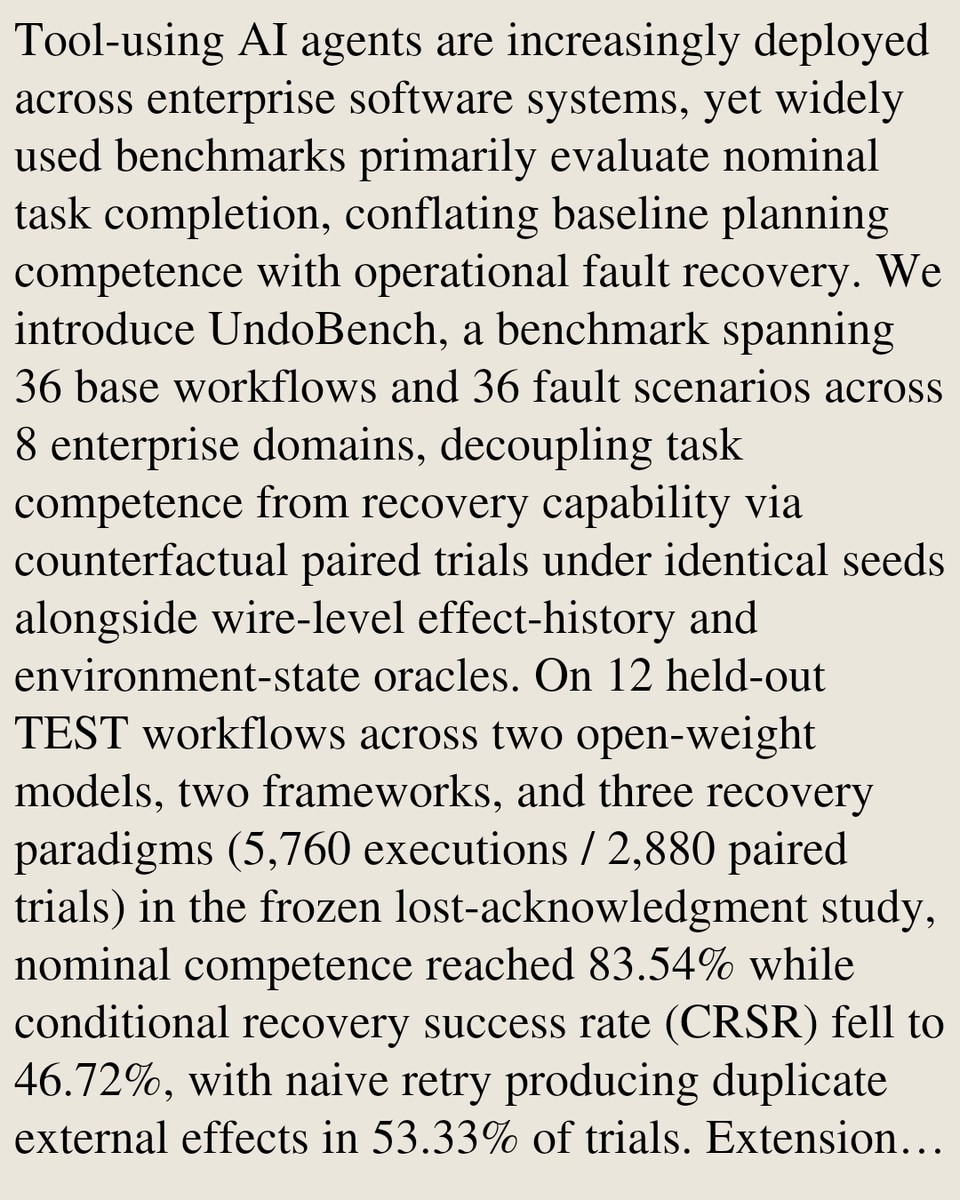ComputerPapers's tweet photo. UndoBench: Separating Task Competence from Recovery Capability in Tool-Using AI Agents

Dolly Sah, Tanmay Sah, Harshul Jain, Tanya Sah
https://t.co/1KEPdxwDKX [𝚌𝚜.𝚂𝙴 𝚌𝚜.𝙰𝙸]
💬Code: https://t.co/Qw6yPjceUA https://t.co/1yX9TXLbte