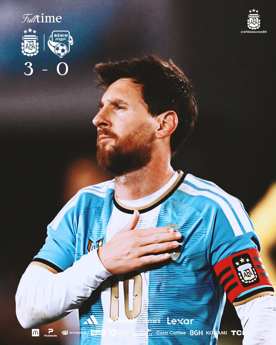 AFASeleccionEN's tweet photo. ⏱️ Full time at the Monumental!

🇦🇷 Argentina 3 🆚 0 Benin 🇧🇯

⚽ N. Otamendi
⚽ N. Paz
⚽ 𝐓𝐇𝐄 𝐆𝐎𝐀𝐓

The end of a love story. 

Thank you for everything, Leo ❤️ https://t.co/jciamwLbow