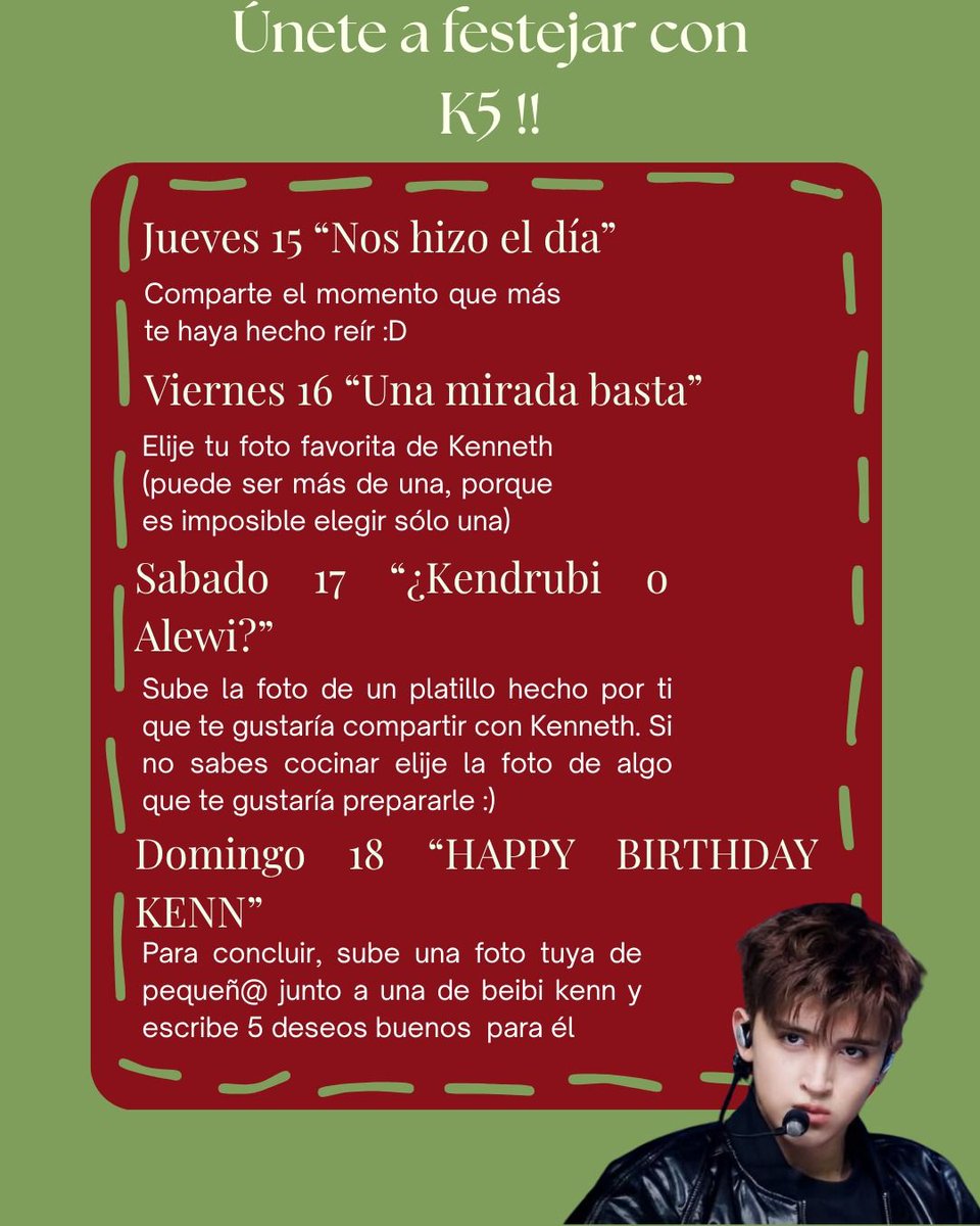 k5lvskenneth's tweet photo. K⁵ NEWS!! 𐙚

  ─𝒦enneth birthday week !! 🎂

Del 11 al 18 de octubre celebraremos el cumpleaños de Kenn, con contenido, dinámicas y mucho cariño. ♡

Están listos para celebrar con nosotros? ⋆˙⟡

 11.10 — 18.10

 #KENNETHBIRTHDAYWEEK https://t.co/Kn2izLND71