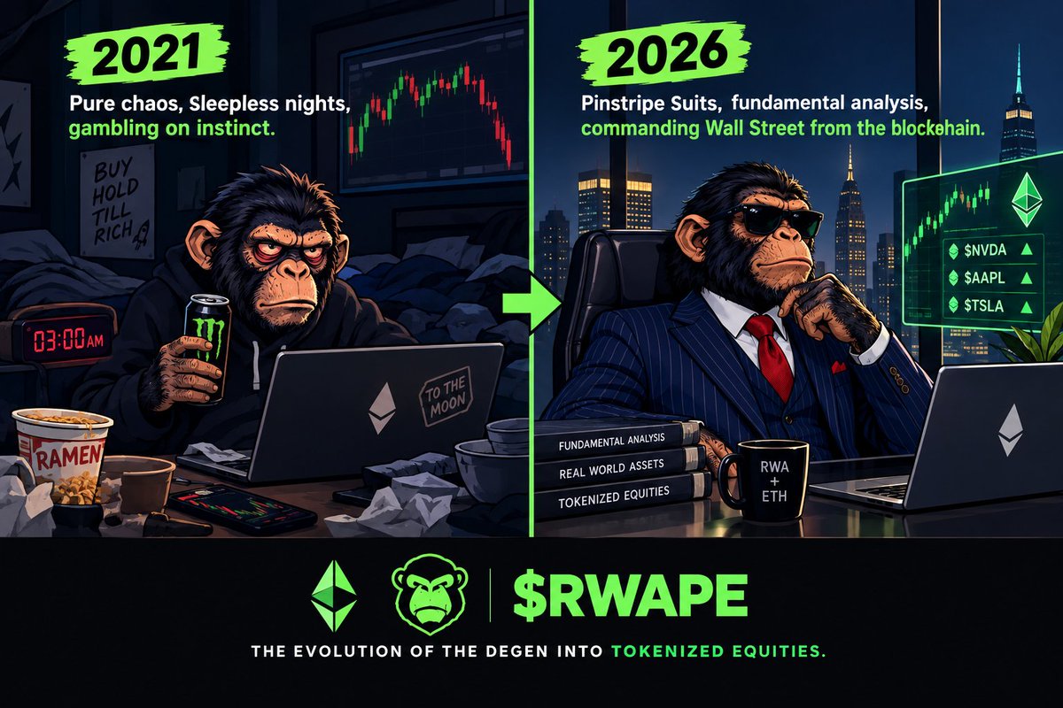 rwape_official's tweet photo. (2021): Pure chaos, sleepless nights, gambling on instinct.📉

(2026): Pinstripe suits, fundamental analysis, commanding Wall Street from the blockchain.📊

The Ape never left Ethereum—Ape season just got professional

$RWAPE — The evolution of the degen into tokenized equities. https://t.co/Zc6O1lNcsk