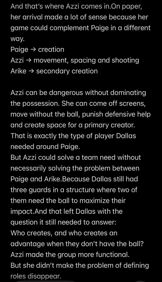 AzziIQ35's tweet photo. “Azzi’s arrival improved Dallas’ offensive structure, but it also made one thing even clearer: Paige and Arike were never an ideal pairing.”
Part 1/2⏳ https://t.co/NYvFmND2MP