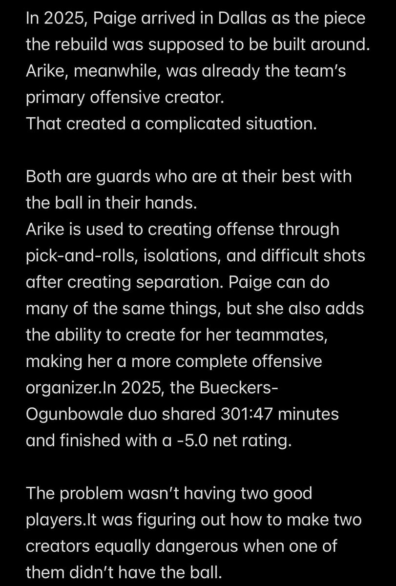 AzziIQ35's tweet photo. “Azzi’s arrival improved Dallas’ offensive structure, but it also made one thing even clearer: Paige and Arike were never an ideal pairing.”
Part 1/2⏳ https://t.co/NYvFmND2MP