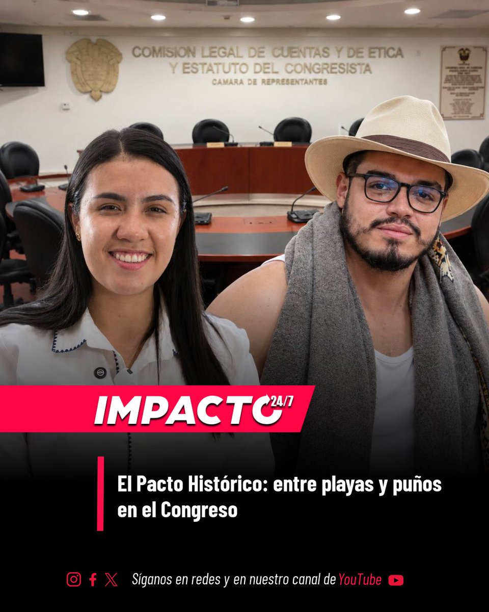 Impacto24_7's tweet photo. SALIERON REGAÑADOS | Uno llegó en pantaloneta a debatir. La otra repartió golpes en plena plenaria. Hernán Muriel y Verónica Estrada, del Pacto Histórico, ahora enfrentan la Comisión de Ética de la Cámara de Representantes. ¿Ideología de izquierda o simplemente falta de clase? El legado del petrismo: caos, flojera y violencia en el recinto legislativo.