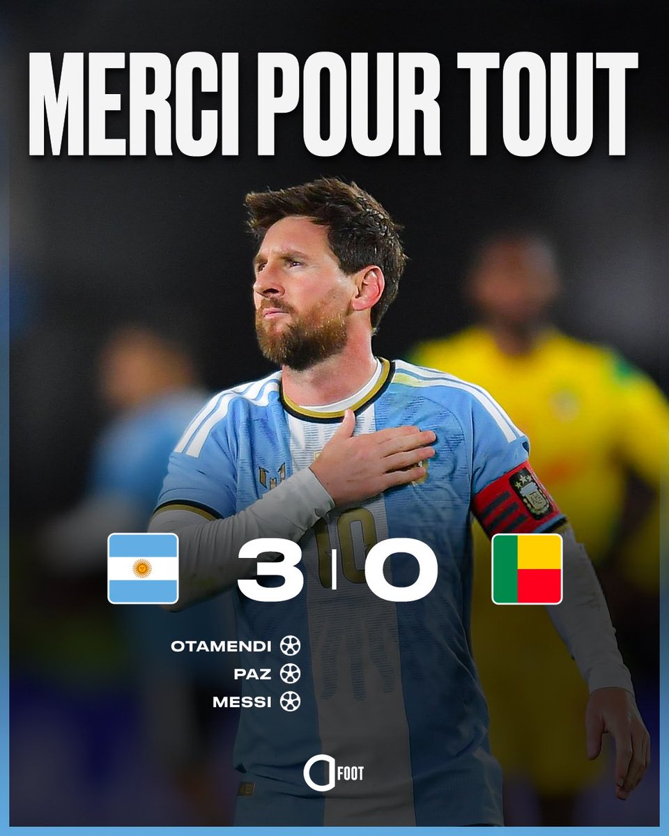 ActuFoot_'s tweet photo. 🚨🚨 L’ARGENTINE 🇦🇷 S’IMPOSE 3-0 POUR LA DERNIÈRE DE LIONEL MESSI AVEC LA SÉLECTION FACE AU BÉNIN 🇧🇯 !!!!! 🤩✅

Devinez quoi : LE GOAT A ÉTÉ DÉCISIF SUR LES 3 BUTS.
🎯🎯 DOUBLE PASSEUR DÉCISIF
⚽️ BUTEUR

Il est par ailleurs impliqué sur 29 sur ses 20 dernières sélections. 👏

Leo. Merci pour tout. Pars en légende absolue.

LE FOOTBALL T’AS AIMÉ, T’AIMES ET T’AIMERAS. ❤️⚽️

🐐