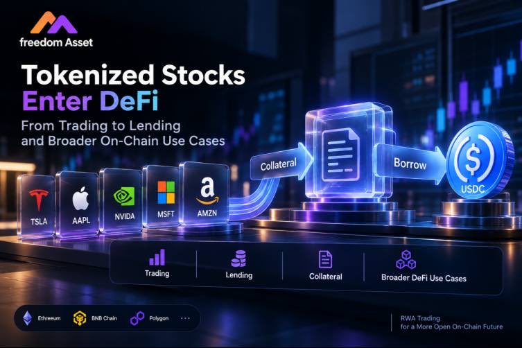 FreedomAssett's tweet photo. Coinbase Tokenized Stocks have recently gone live on Aave V4, allowing eligible users outside the U.S. to use tokenized equities as collateral to borrow USDC. As stock tokens enter lending and collateral markets, their onchain utility is expanding beyond trading into broader DeFi use cases.
Tokenized Stocks are no longer just assets to trade onchain — they are becoming assets that can be integrated across DeFi protocols.
For Freedom Asset, the expansion of stock tokens from trading into lending and collateral also reflects the growing DeFi composability of RWAs. Freedom Asset will continue strengthening its multi-chain RWA infrastructure, enabling different types of on-chain assets to participate in a broader range of DeFi applications.
#RWA #TokenizedStocks #DeFi #FreedomAsset