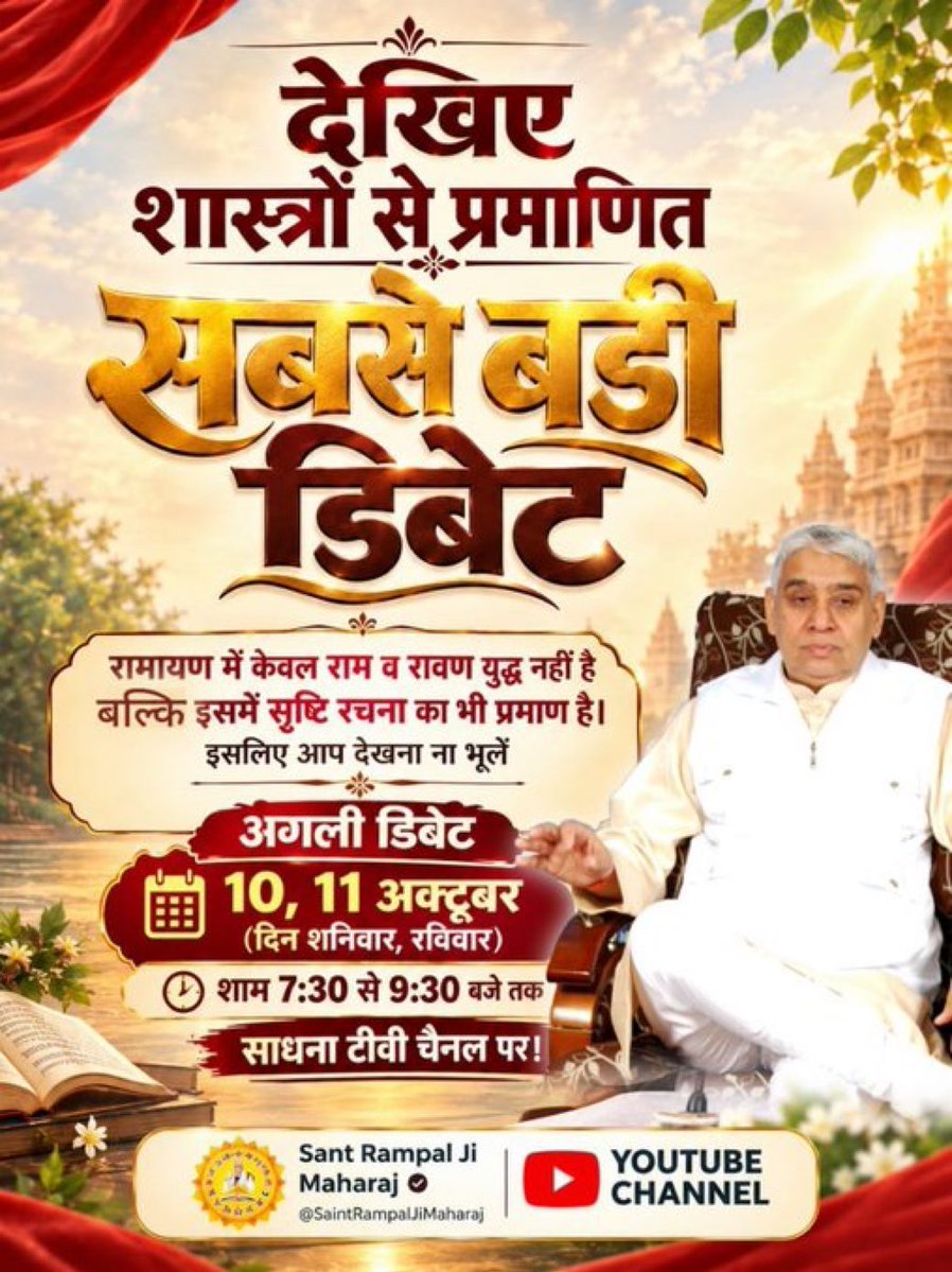 KiranKmt's tweet photo. #शास्त्रार्थ_का_शंखनाद_10_Oct
🌀50Lakh By Sant RampalJi
रामायण में केवल राम व रावण युद्ध नहीं है बल्कि इसमें सृष्टि रचना का भी प्रमाण है। इसलिए
🌀 आप देखना ना भूलें अगली डिबेट 10, 11 अक्टूबर (दिन शनिवार, रविवार) को शाम 7:30 से 9:30 बजे तक साधना टीवी चैनल पर
#GodMorningWednesday https://t.co/loLHMRVHNo