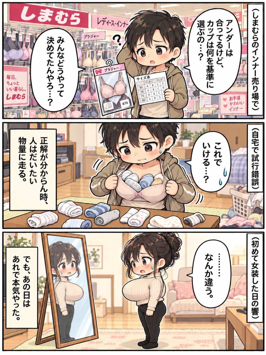 HibikiLune's tweet photo. 『あなたの知らない世界』
初めて女装した日

今考えれば、服も下着も通販で買えばよかったんです。誰にも見られずにゆっくり選べるし、サイズだって落ち着いて調べられる。

でも、あの日はそれが待てなかった。

数日後に届くんじゃなくて、今日、このあとすぐに着てみたかったんですよね。だから勇気を出して店まで行ったものの、いざレディース売り場の前に立つと、なかなか一歩が踏み出せない。

男一人で入ったら、周りからどう見えるんやろう。

そんなことばかり気になって、誰もいない瞬間を見計らって、さっと入って、さっと見る。人が来たら、まるで「たまたま迷い込んだだけです」みたいな顔をして、その場を離れる。

ゆっくり服を選ぶなんて、とてもできませんでした。

ましてや下着売り場なんて、さらに難易度が上がる。

誰かに見られたら「変態やと思われるんちゃうか」と、そればかり気にしながら、人がいなくなるのを待って、こそっとブラジャーを手に取る。

アンダーはなんとなく分かる。でも、カップは何を基準に選べばいいのか分からない。

分からないことだらけなのに、店員さんに聞く勇気なんてもちろんない。

緊張で心拍数はもうすごいことになっていて、スマートウォッチのアラームが鳴りっぱなしでした。

今なら、そんな自分を思い出して笑えます。

今では普通に歩けるレディース売り場も、
あの頃の私には、一歩入るだけで大冒険やったんですよね。